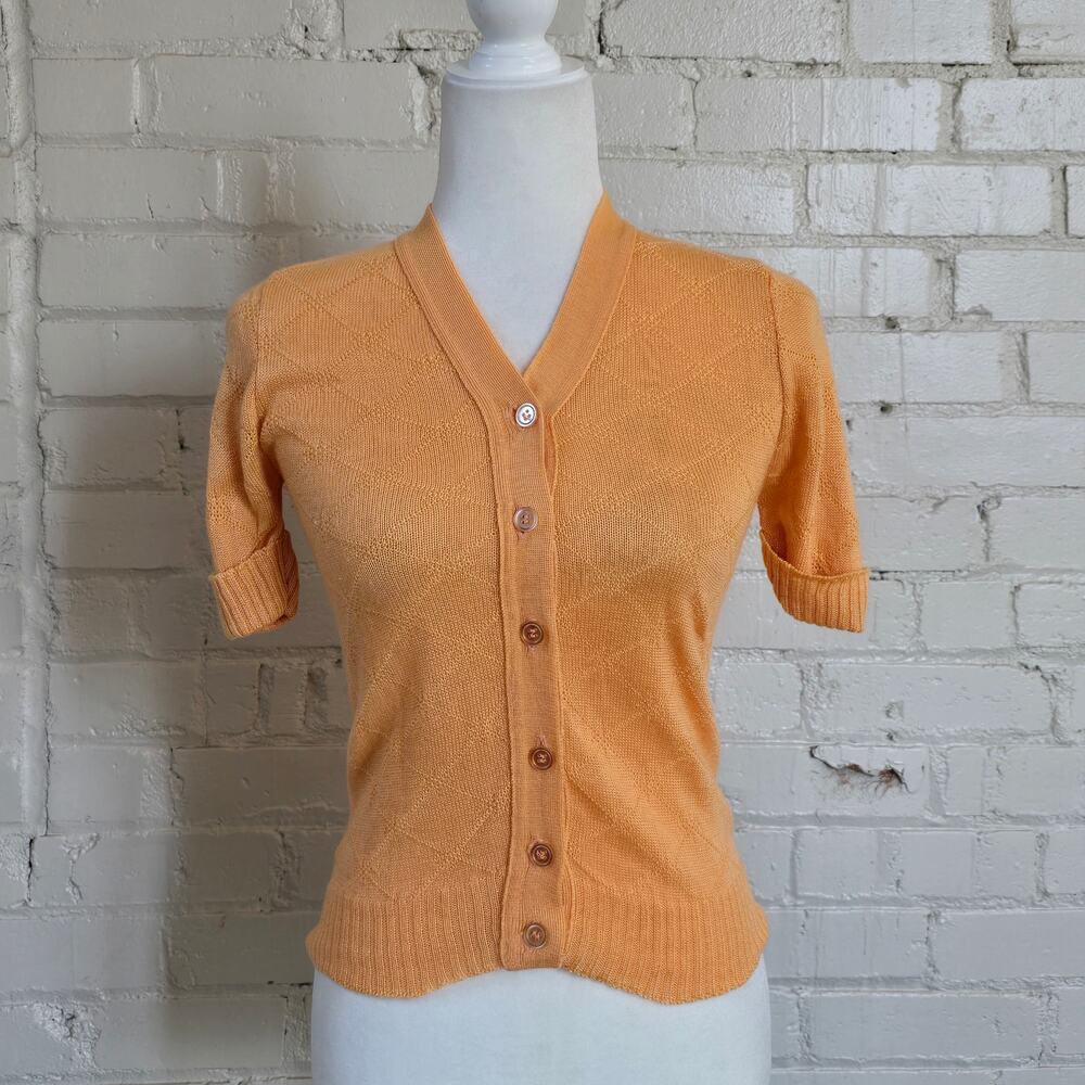 VTG 60s Styled by Rose Yellow Gold Short Sleeve Diamond Knit Cardigan Sweater S